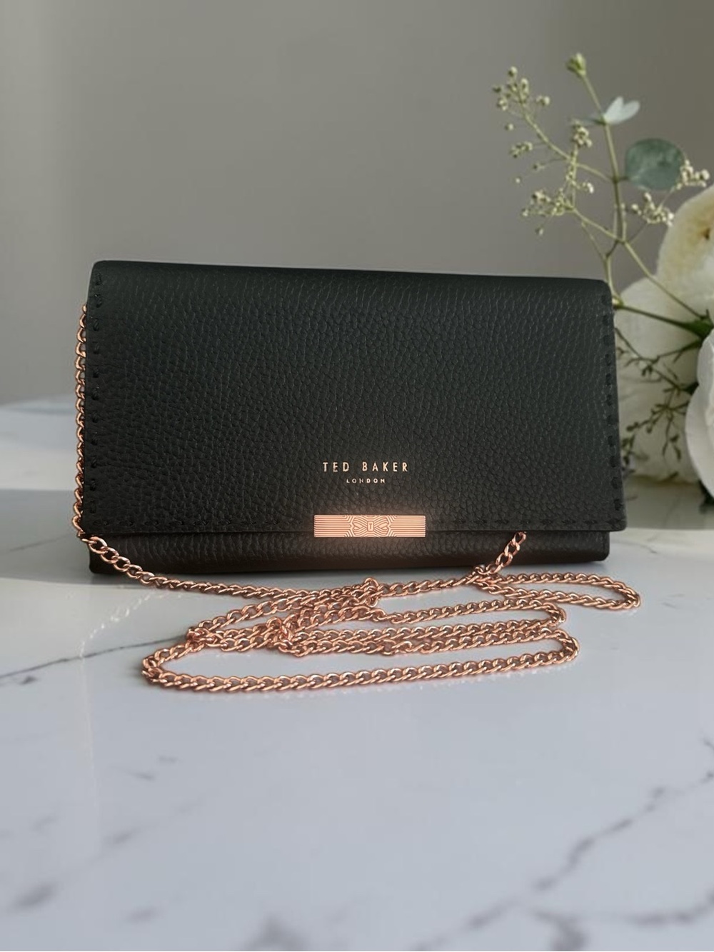 Ted Baker Black Leather Crossbody Bag with Rose Gold Chain NWT